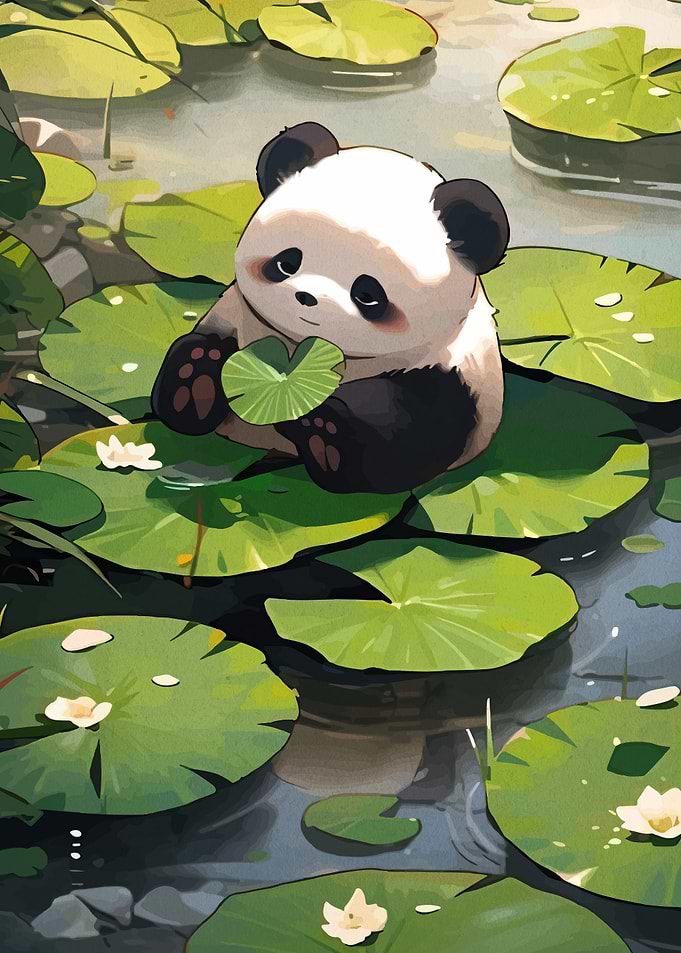 Cute Panda on Lily Pads