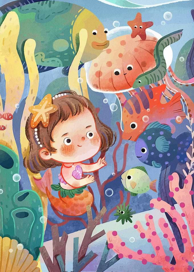 Cute Mermaid and Friends Underwater