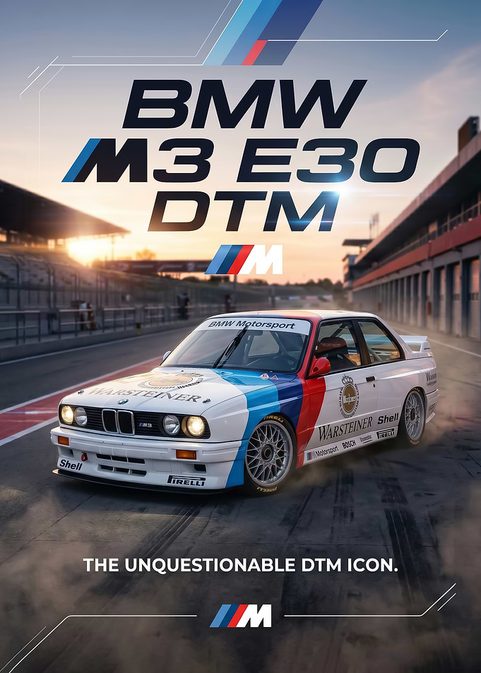 A dynamic BMW M3 E30 DTM Race Car poster