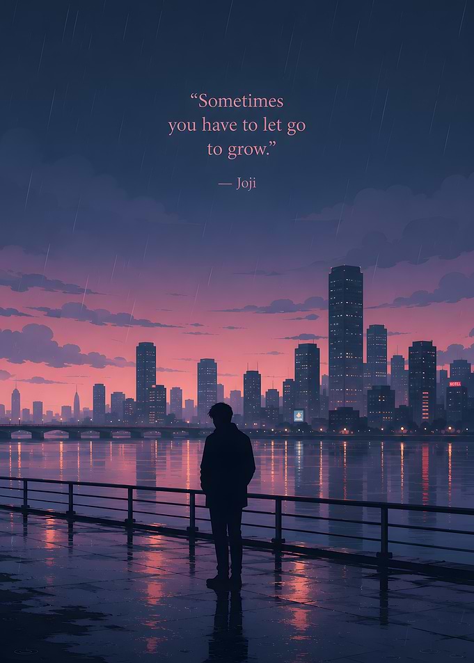 Man watching city skyline in rain