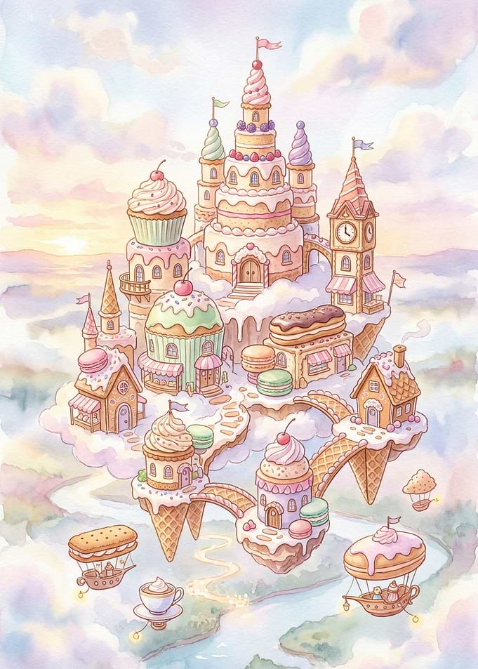 Floating Mountain Village Above the Clouds – Pastel Watercolor Fantasy Landscape