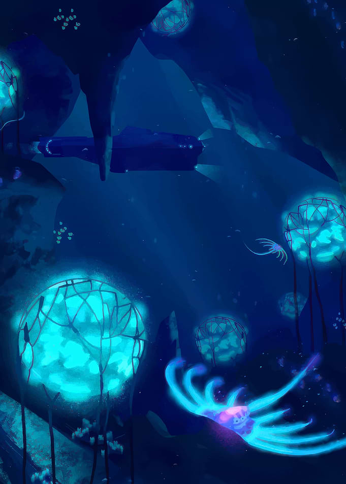 Submarine exploring bioluminescent underwater cave