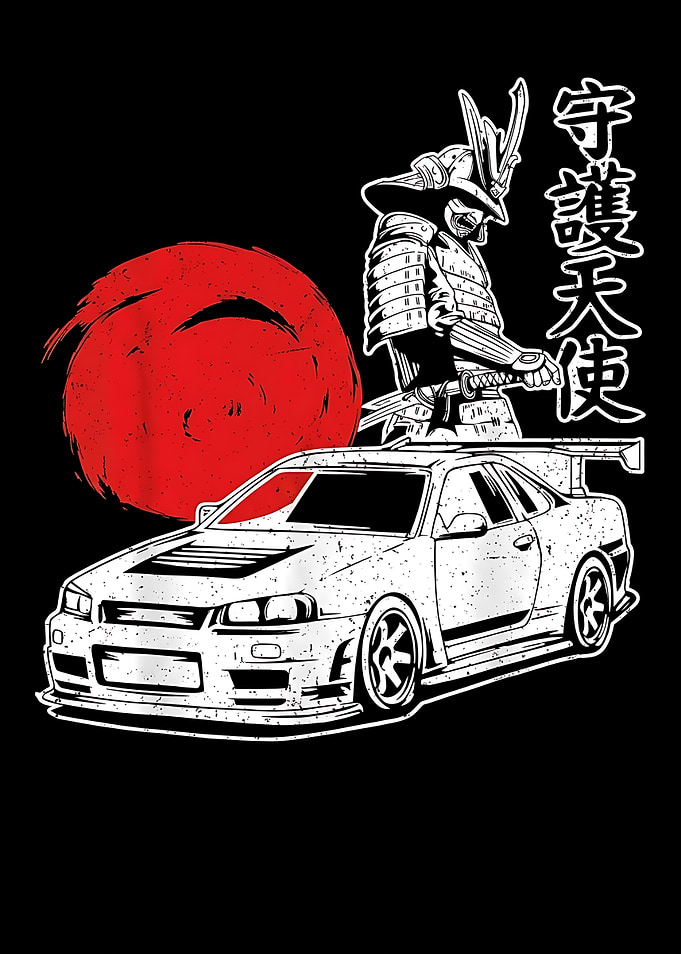 Samurai Guardian JDM Car Poster Japanese Warrior Street Racing Wall Art Red Sun Drift Car Gift Garage Decor