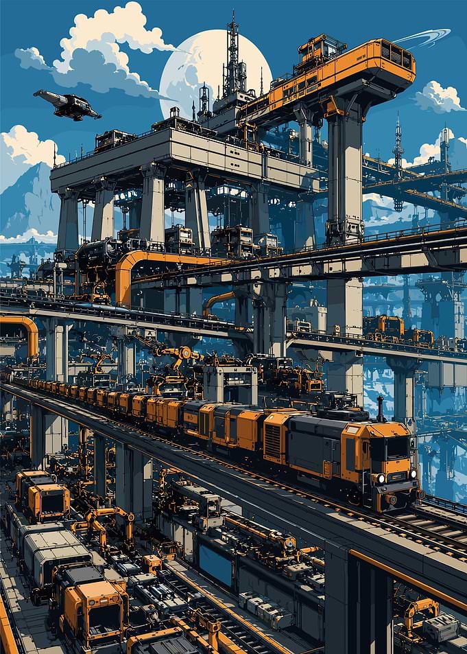 Futuristic Industrial Cityscape with Train