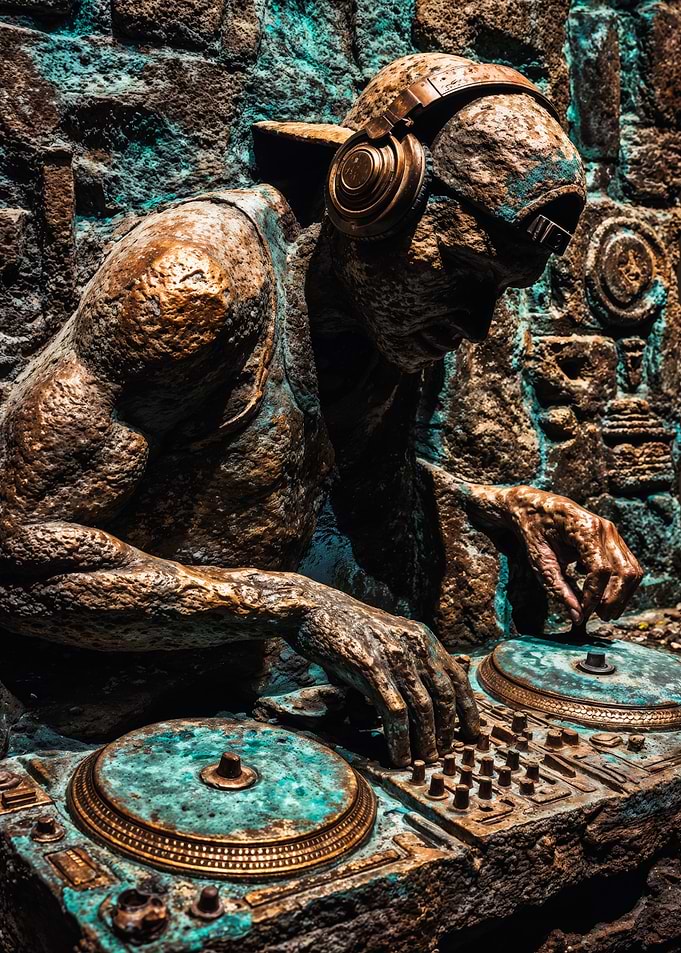 Ancient Stone DJ Turntable Statue