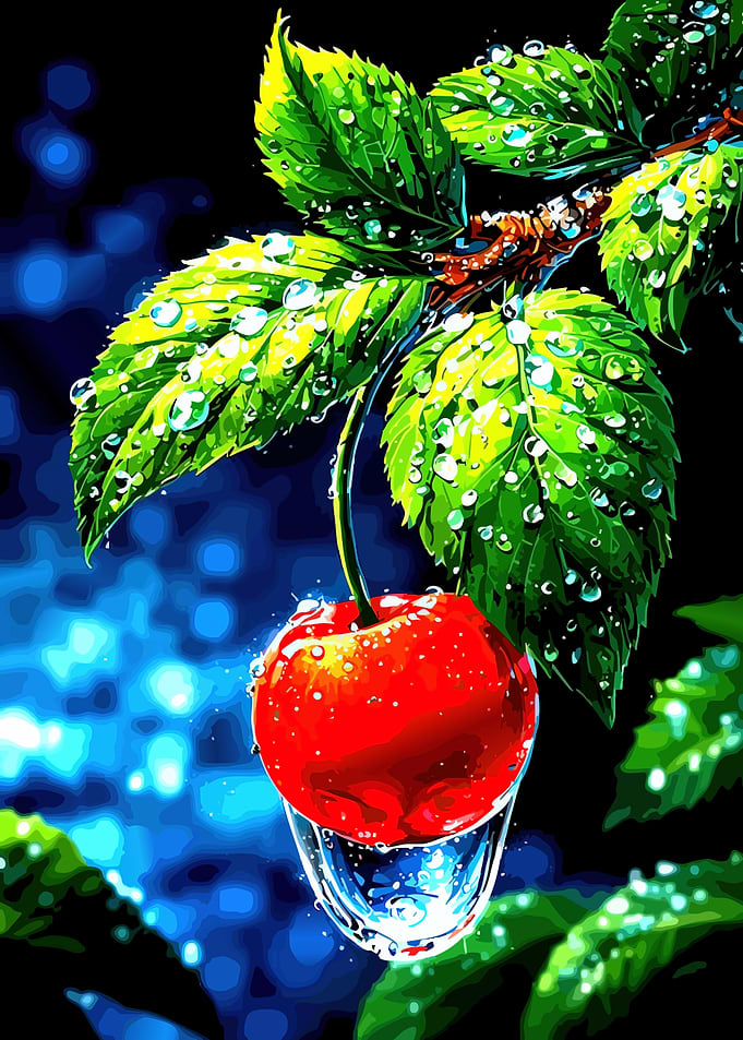 Cherry with Water Droplets