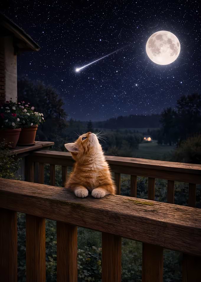 Kitten watches shooting star and moon