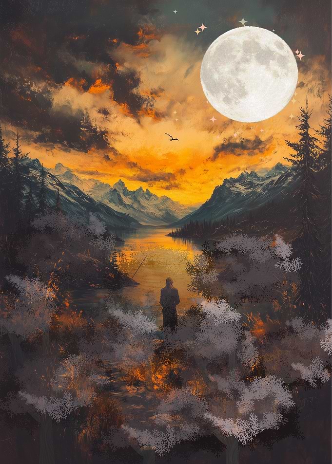 Man fishing by a lake at sunset