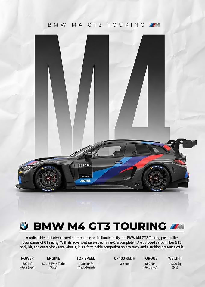 A dynamic sleek BMW m4 gt3 Touring Car Poster