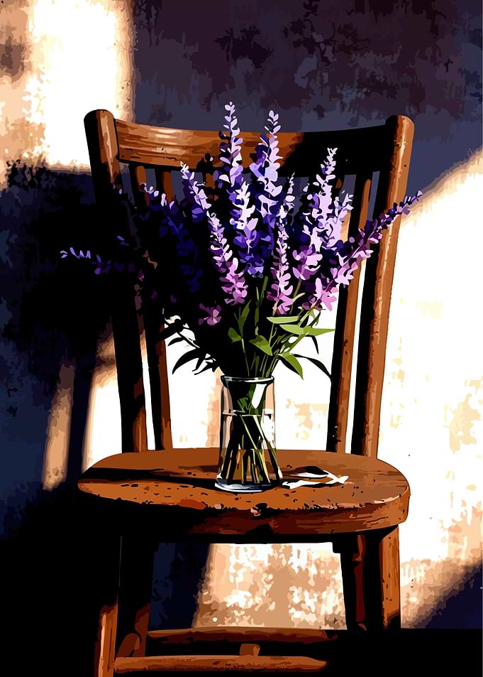 Lavender bouquet on a wooden chair