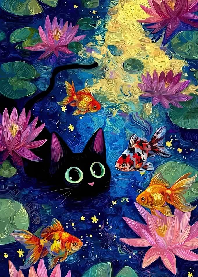 Black Cat and Goldfish in Water Lilies