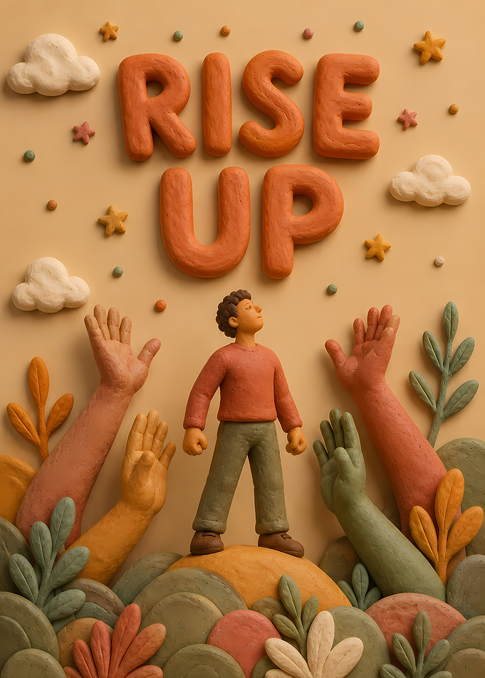 Claymation 'Rise Up' with a person and hands