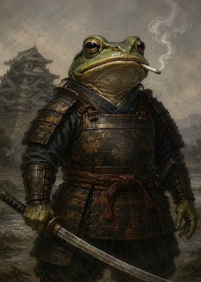 Samurai Frog with Katana and Castle