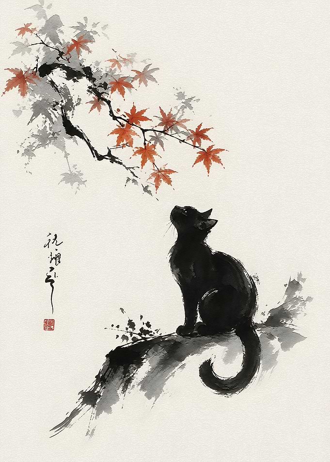 Black Cat and Maple Leaves