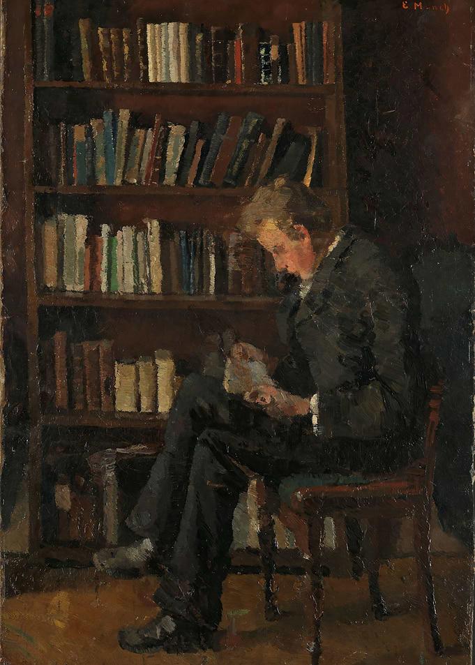 Man Reading by Bookshelf