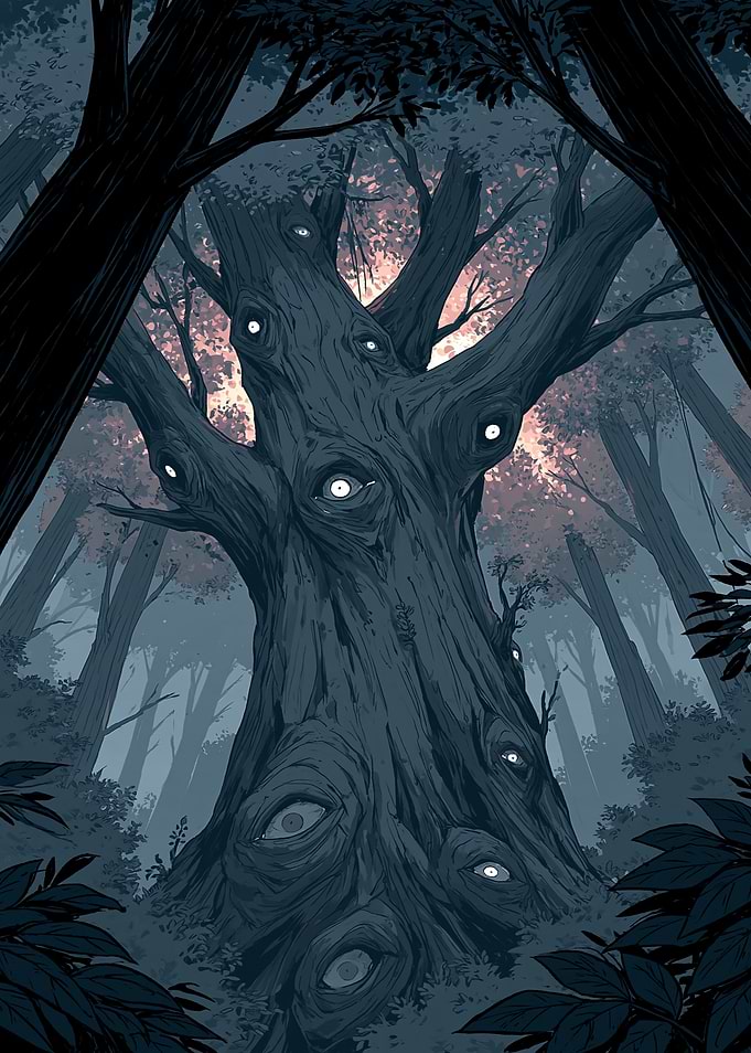 Creepy Tree with Eyes in Forest