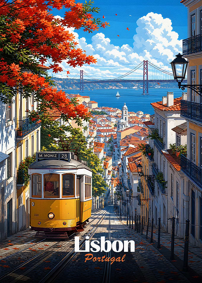 Lisbon Tram with Bridge View