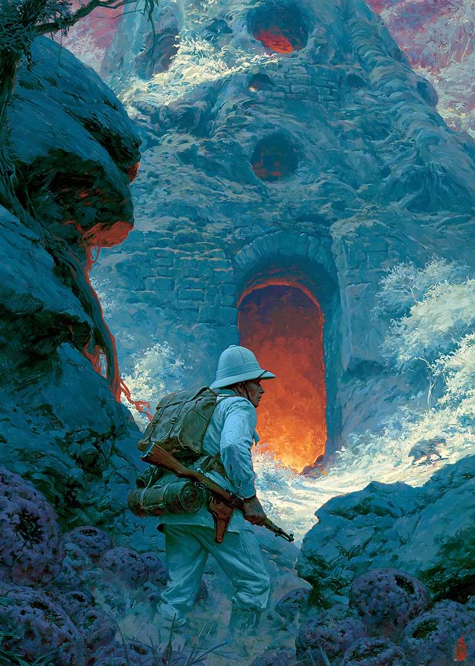 Explorer approaches fiery cave entrance