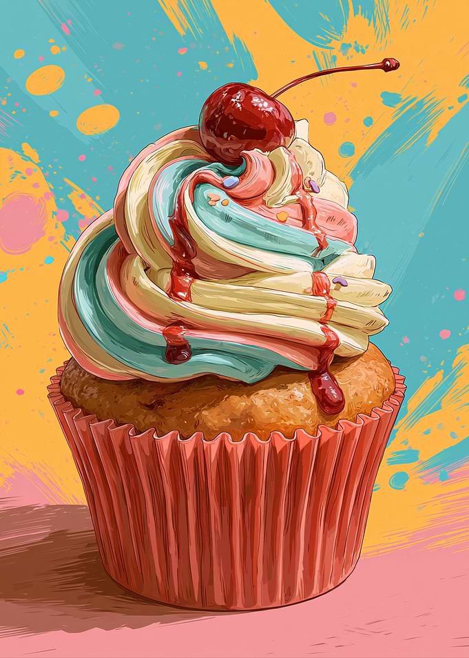 Colorful Swirled Cupcake with Cherry
