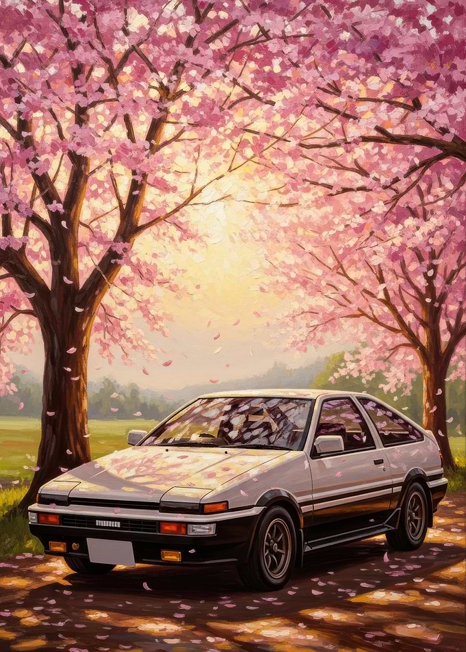 Classic Car Under Cherry Blossoms