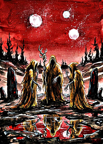 Three hooded figures in a desolate landscape