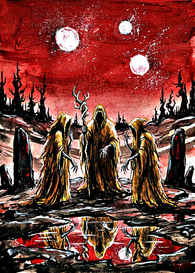 Three hooded figures in a desolate landscape