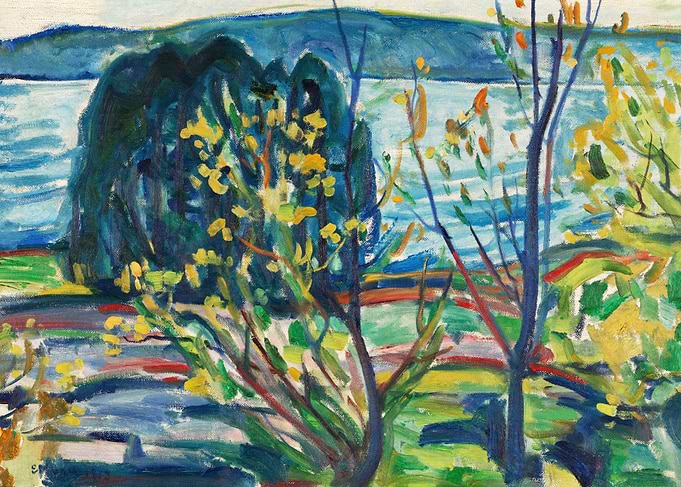 Vibrant Landscape Painting of Trees and Water