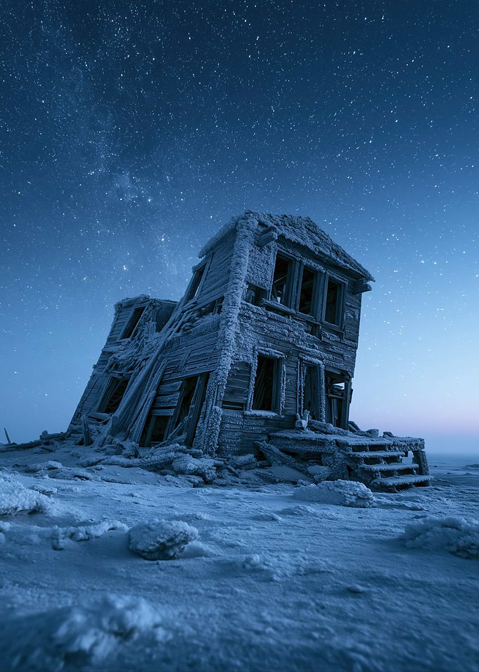 Abandoned Frozen House Under Stars