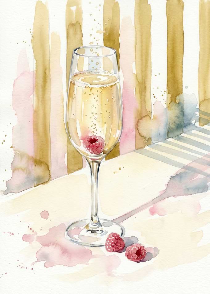 Sparkling Champagne Flute With Fresh Raspberries Gold Stripes Celebration Statement