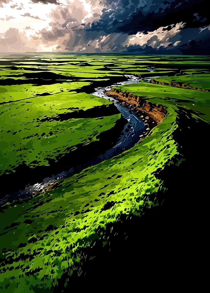 Dramatic River Landscape Under Stormy Skies