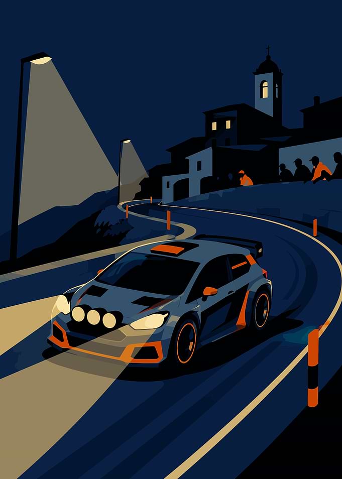Rally Car Racing at Night