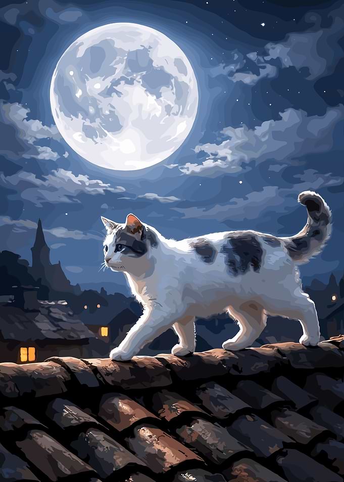Cat on a rooftop under the moon