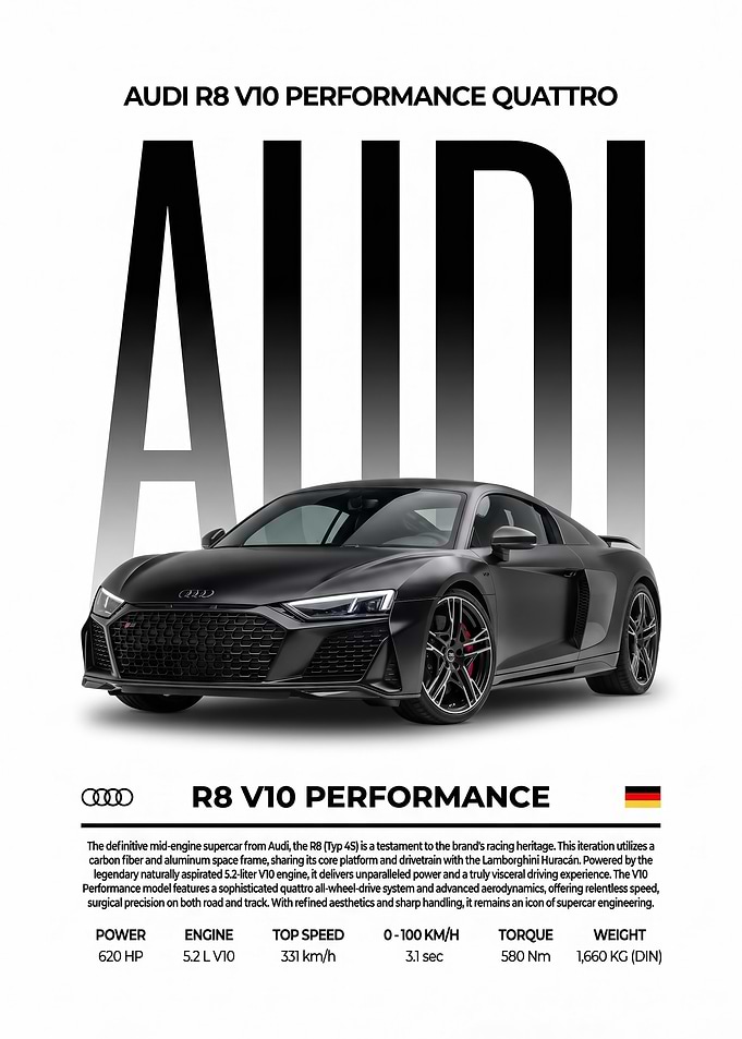 black Audi R8 V10 Performance Quattro car poster