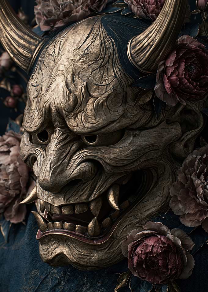 Golden Oni Mask with Peonies