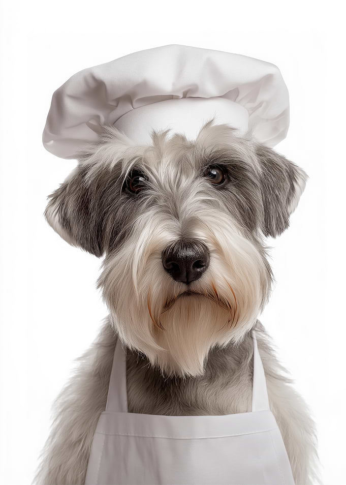 Sealyham Terrier dog wearing chef hat and apron