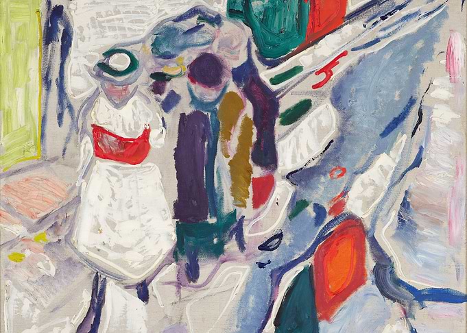 Abstract figures in a bustling scene