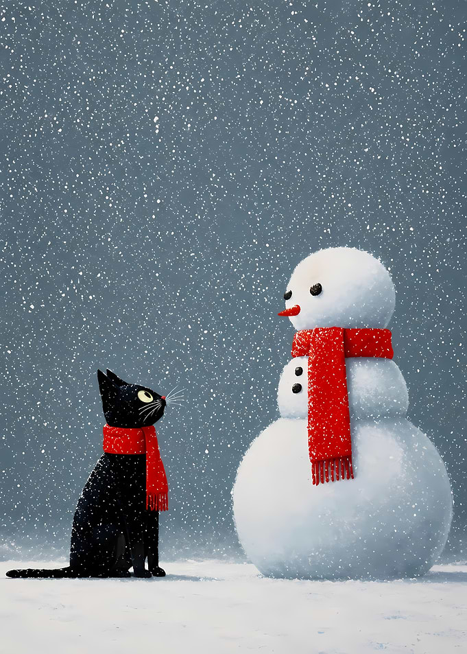 Black Cat and Snowman in Snow
