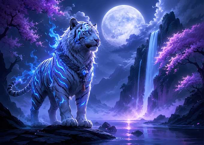 Magical White Tiger by Waterfall