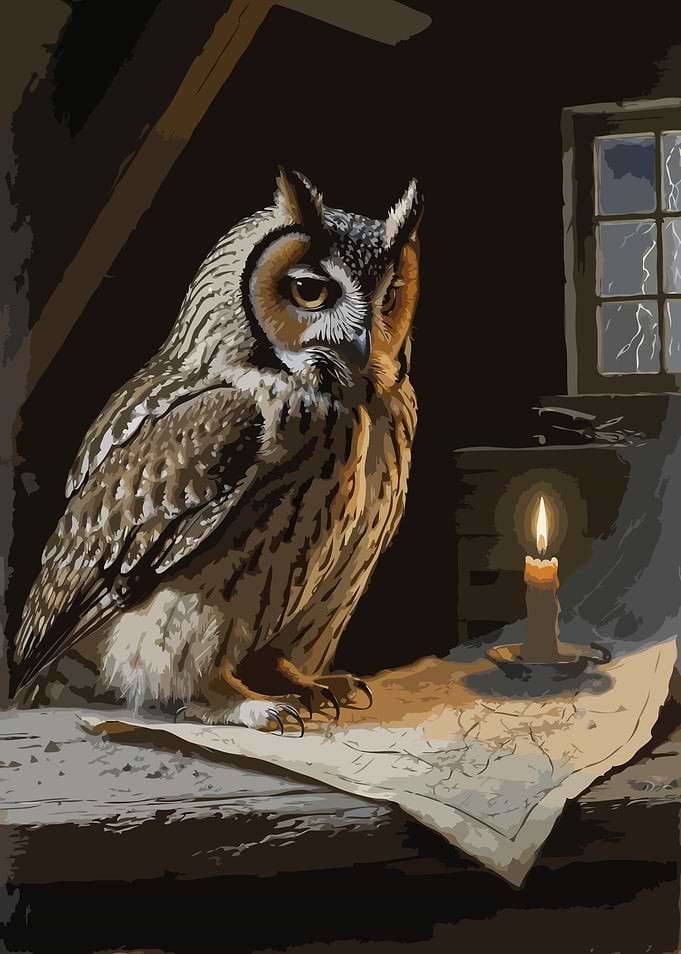 Owl studying a map by candlelight