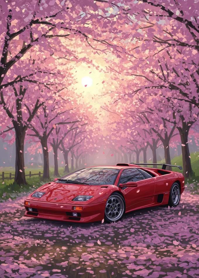 Red Lamborghini Diablo under Cherry Blossoms