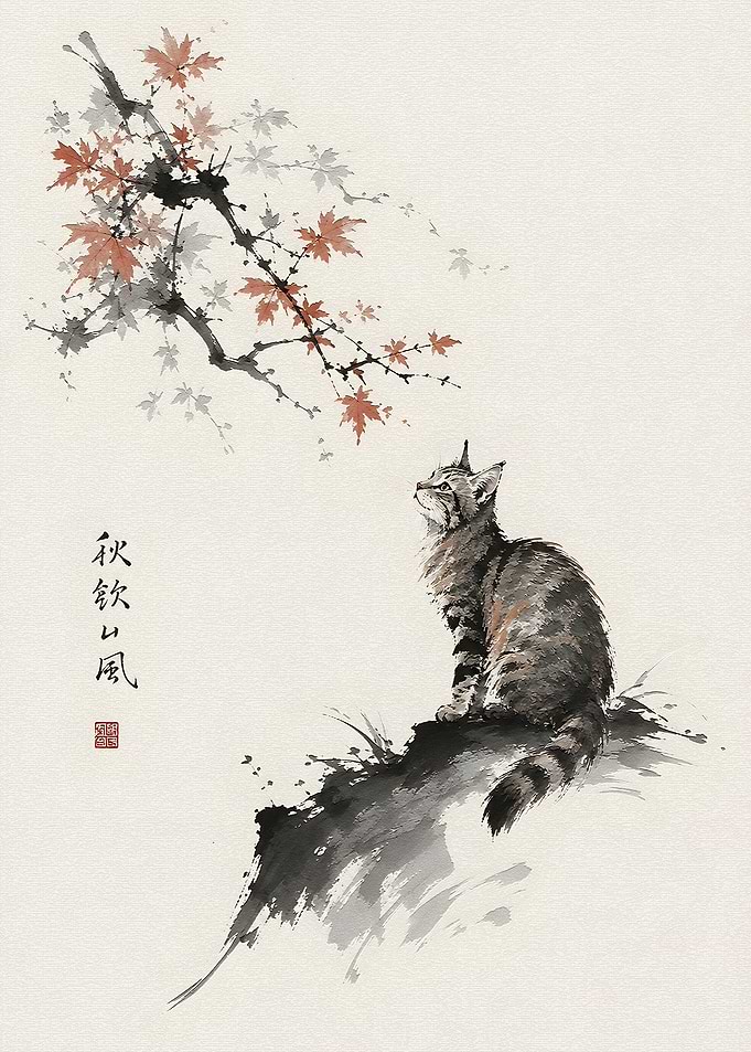 Cat Gazing at Autumn Maple Leaves