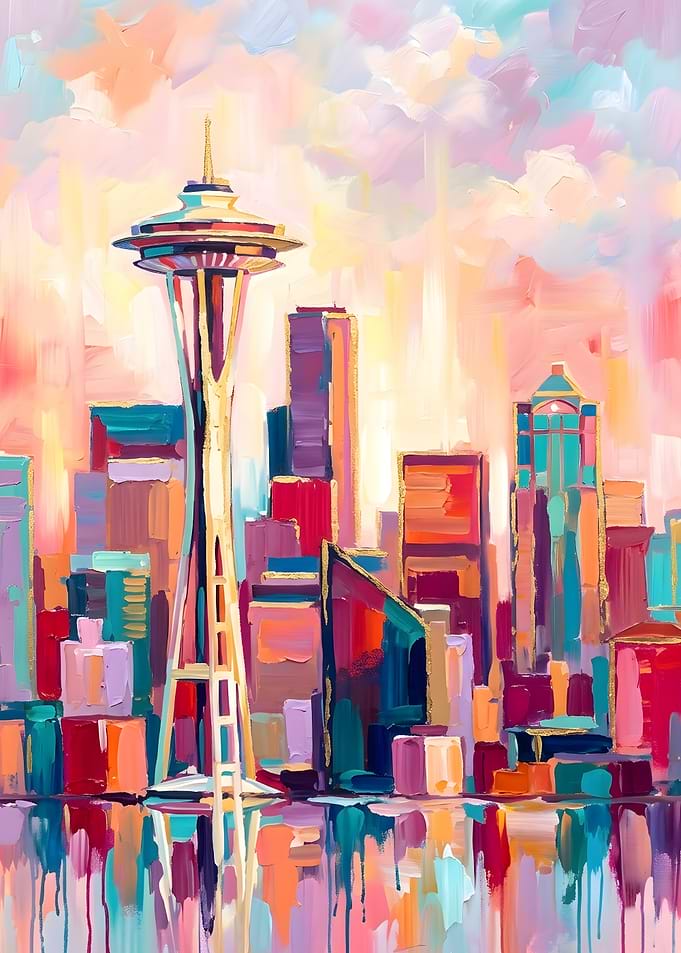 Vibrant Seattle Skyline Painting