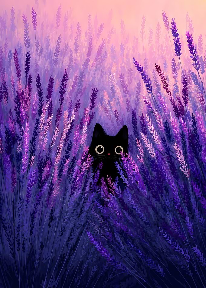 Black cat in lavender field