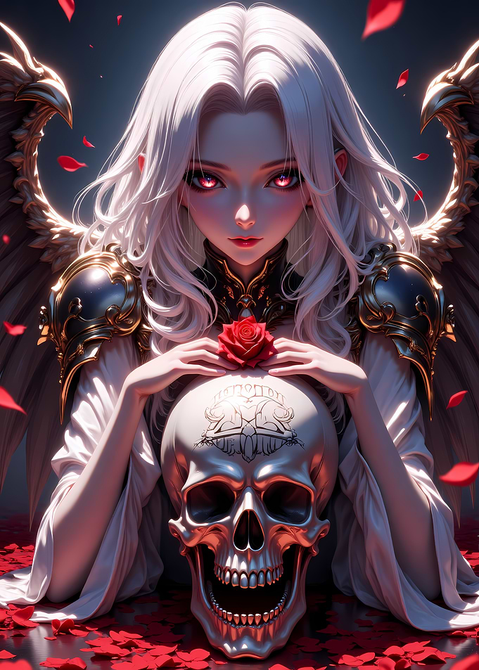 Angel holding a rose over a skull
