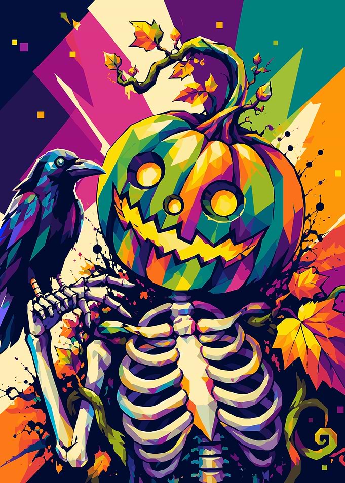 Halloween Skeleton Pumpkin Raven Pop Art