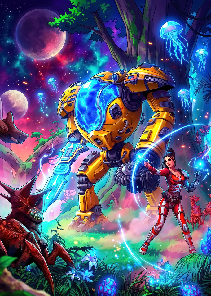 Sci-fi warrior and mech on alien planet