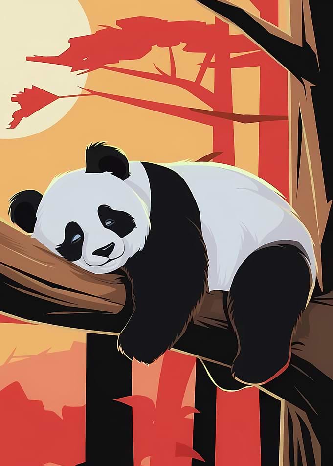 Panda sleeping on a tree branch