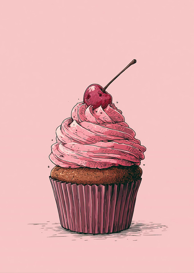 Pink Cherry Cupcake Illustration