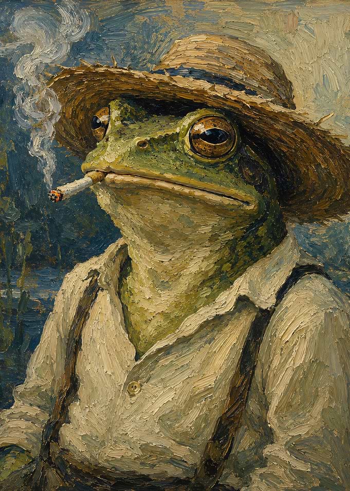 Frog Smoking with Straw Hat
