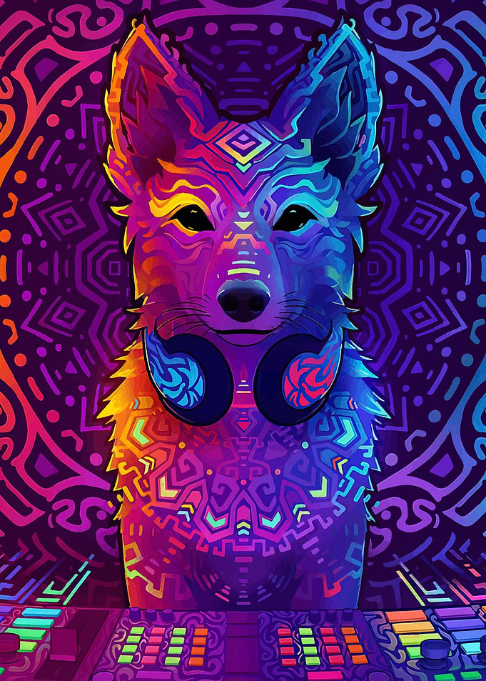 Psychedelic Wolf DJ with Headphones